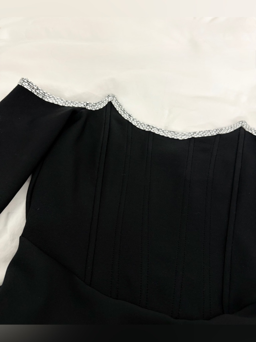 Off-Shoulder Midi bandage Black Dress with Rhinestone Trim